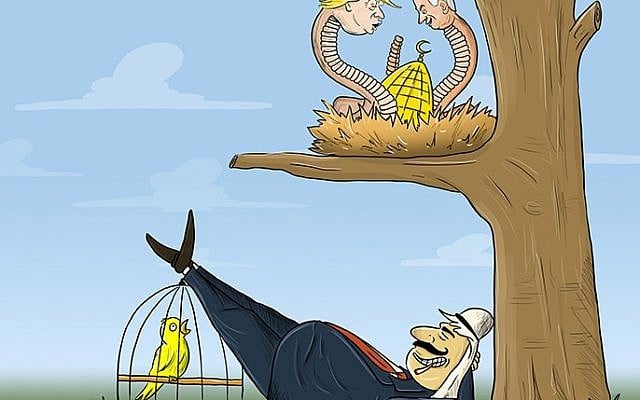Caricature montrant le président américain Trump et le premier ministre Benjamin Netanyahu dépeints comme des serpents sur le point d'attaquer la mosquée al-Aqsa à Jérusalem. Al-Jazira, 16 mai 2018, Qatar. (via l'Anti-Defamation League)