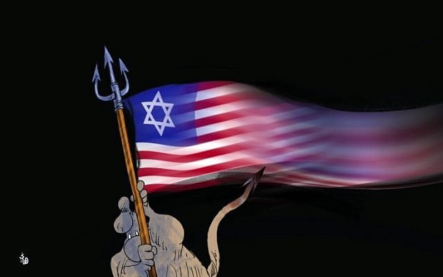 Caricature montrant le diable agitant un drapeau américain avec une étoile de David, de al-Hayat, basé à Londres, le 15 mai 2018. (via l'Anti-Defamation League)