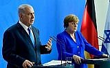 La chancelière allemande Angela Merkel et le Premier ministre israélien Benjamin Netanyahu donnent une conférence de presse après une réunion à la Chancellerie à Berlin le 4 juin 2018. (AFP PHOTO / Tobias SCHWARZ)