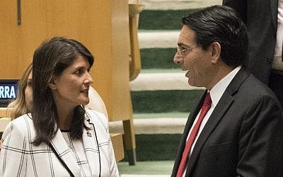L'ambassadrice des États-Unis auprès des Nations Unies Nikki Haley s'entretient avec l'ambassadeur d'Israël auprès de l'ONU Danny Danon avant un vote à l'Assemblée générale le 13 juin 2018 à New York. (AFP PHOTO / Don EMMERT)