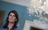 L'ambassadrice américaine à l'ONU Nikki Haley au département d'Etat à Washington DC, le 19 juin 2018. (Crédit : AFP / Andrew CABALLERO-REYNOLDS)