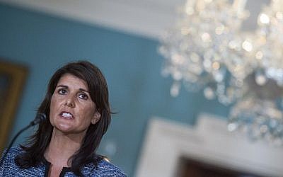 L'ambassadrice américaine à l'ONU Nikki Haley au département d'Etat à Washington DC, le 19 juin 2018. (Crédit : AFP / Andrew CABALLERO-REYNOLDS)