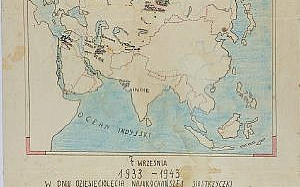 Une carte d'Emil Landau à sa soeur Elina. Elle illustre le voyage vers la terre d'Israël. Emil a été tué pendant la guerre d'Indépendance. (Crédit : Yad Vashem Archives)