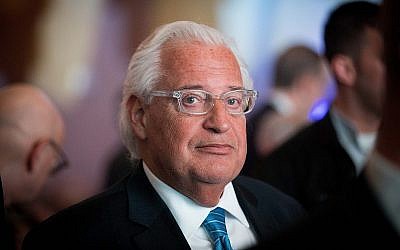 L'ambassadeur américain en Israël  David Friedman lors du 6ème forum global de lutte contre l'antisémitisme de Jérusalem, le 19 mars 2017 (Crédit : Yonatan Sindel/Flash90)