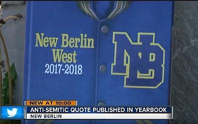 La couverture de l'album de promo 2017-2018 du lycée New Berlin West High School, à New Berlin, dans le Wisconsin, qui a été retiré en raison de la phrase antisémite d'un élève (Capture d'écran: YouTube via TMJ4)