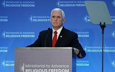 Le vice-président des États-Unis, Mike Pence, prend la parole à la réunion ministérielle sur l'avancement de la liberté de religion à Washington, le 26 juillet 2018. (Alex Wong/Getty Images/AFP)