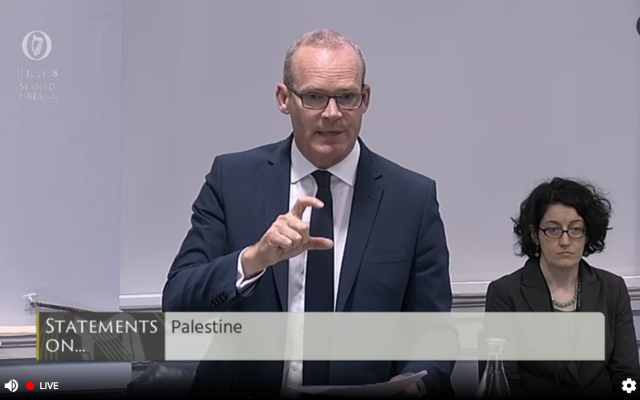 Le ministre irlandais des Affaires étrangères Simon Coveney pendant un débat au Sénat irlandais sur une loi interdisant le commerce de bien provenant de colonies, le 11 juillet 2018 (Crédit : capture d'écran oireachtas.ie) Le ministre irlandais des Affaires étrangères Simon Coveney pendant un débat au Sénat irlandais sur une loi interdisant le commerce de bien provenant de colonies, le 11 juillet 2018 (Crédit : capture d'écran oireachtas.ie)