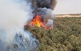 Un incendie près du kibboutz Reim, à l'est de la frontière avec Gaza, le 25 juillet 2018 (Autorisation : Services des incendies et des secours, district du sud)