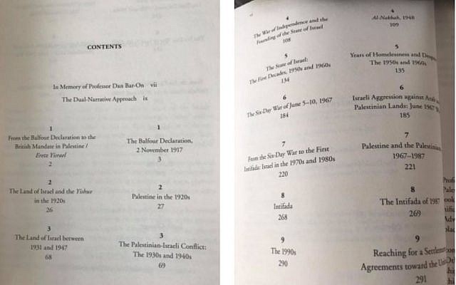 Face à face, le sommaire du livre à double entrées, présente les événements définis selon le côté israélien et palestinien (Crédit: capture d'écran APHG)