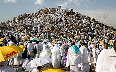 Des milliers de pèlerins rassemblés sur le Mont Arafat, à La Mecque à l'occasion du Hajj, le 20 août 2018. (Crédit : AFP/ AHMAD AL-RUBAYE)
