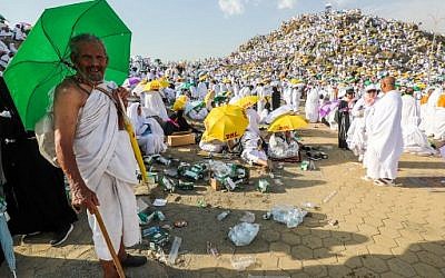 Des milliers de pèlerins rassemblés sur le Mont Arafat, à La Mecque à l'occasion du Hajj, le 20 août 2018. (Crédit : AFP/ AHMAD AL-RUBAYE)