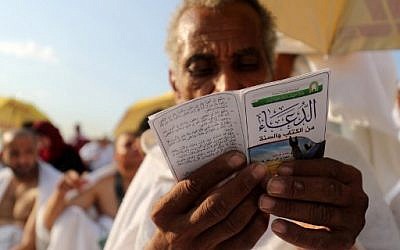 Un pèlerin musulman prie sur le Mont Arafat, à La Mecque à l'occasion du Hajj, le 20 août 2018. (Crédit : AFP/ AHMAD AL-RUBAYE)