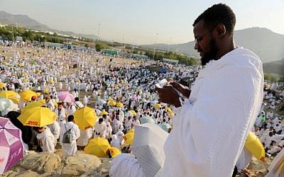 Un pèlerin musulman prie sur le Mont Arafat, à La Mecque à l'occasion du Hajj, le 20 août 2018. (Crédit : AFP/ AHMAD AL-RUBAYE)