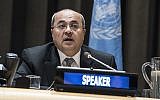 Ahmed Tibi s'adressant à une réunion spéciale du Comité pour l'exercice des droits inaliénables du peuple palestinien le 29 novembre 2017. (Crédit : ONU/Kim Haughton)