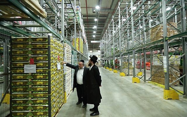 Des inspecteurs de casheroute dans un entrepôt de fruits et légumes, le 16 mars 2016; (Crédit : Yaakov Naumi/FLASH90) Des inspecteurs de casheroute dans un entrepôt de fruits et légumes, le 16 mars 2016; (Crédit : Yaakov Naumi/FLASH90)