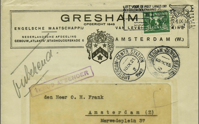 Une lettre non ouverte adressé au père d'Anne Frank provenant d'une compagnie d'assurance à Amsterdam. (Corinphila Auction House via JTA) Une lettre non ouverte adressé au père d'Anne Frank provenant d'une compagnie d'assurance à Amsterdam. (Corinphila Auction House via JTA)