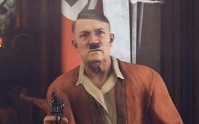 Le dictateur nazi Adolf Hitler est vu devant un drapeau nazi dans le jeu vidéo "Wolfenstein II". (Crédit : capture d'écran: YouTube)