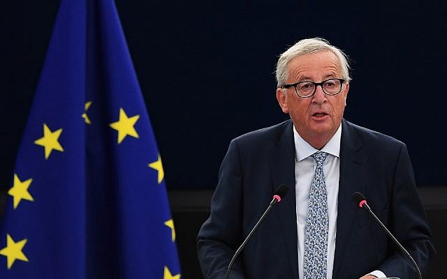 Le président de la commission européenne Jean-Claude Juncker fait son discours de l'Etat de l'Union au parlement européen le 12 septembre 2018 (Crédit :. / AFP PHOTO / FREDERICK FLORIN) Le président de la commission européenne Jean-Claude Juncker fait son discours de l'Etat de l'Union au parlement européen le 12 septembre 2018 (Crédit :. / AFP PHOTO / FREDERICK FLORIN)