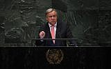 Antonio Guterres, secrétaire-général des Nations unies, s'exprime durant le débat général de la 73e session de l'Assemblée générale des Nations unies à New York, le 25 septembre 2018 (Crédit : AFP PHOTO / TIMOTHY A. CLARY)