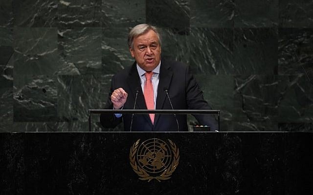 Antonio Guterres, secrétaire-général des Nations unies, s'exprime durant le débat général de la 73e session de l'Assemblée générale des Nations unies à New York, le 25 septembre 2018 (Crédit : AFP PHOTO / TIMOTHY A. CLARY) Antonio Guterres, secrétaire-général des Nations unies, s'exprime durant le débat général de la 73e session de l'Assemblée générale des Nations unies à New York, le 25 septembre 2018 (Crédit : AFP PHOTO / TIMOTHY A. CLARY)