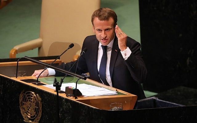 Le président français Emmanuel Macron durant son discours à l'Assemblée générale annuelle de l'ONU au siège des Nations unies, de New York, le 25 septembre 2018 (Crédit : AFP PHOTO / Ludovic MARIN Le président français Emmanuel Macron durant son discours à l'Assemblée générale annuelle de l'ONU au siège des Nations unies, de New York, le 25 septembre 2018 (Crédit : AFP PHOTO / Ludovic MARIN