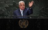 Mahmoud Abbas à l'assemblée générale de l'ONU, à New York, le 27 septembre 2018 (Crédit : Thimothy A. Clary/AFP)