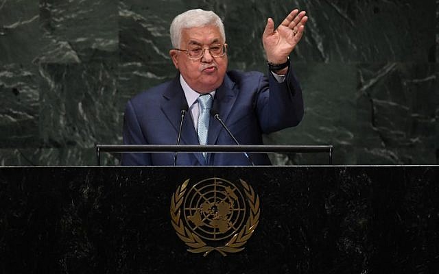 Mahmoud Abbas à l'assemblée générale de l'ONU, à New York, le 27 septembre 2018 (Crédit : Thimothy A. Clary/AFP) Mahmoud Abbas à l'assemblée générale de l'ONU, à New York, le 27 septembre 2018 (Crédit : Thimothy A. Clary/AFP)