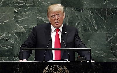 Le président Donald Trump prend la parole à la 73ème session de l’Assemblée générale des Nations Unies, au siège des Etats-Unis, le mardi 25 septembre 2018. (Crédit : AP / Richard Drew)