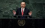 Le président turc Recep Tayyip Erdogan s'adresse à la 73e session de l'Assemblée générale des Nations Unies, au siège des Nations Unies, le 25 septembre 2018. (AP Photo/Richard Drew)