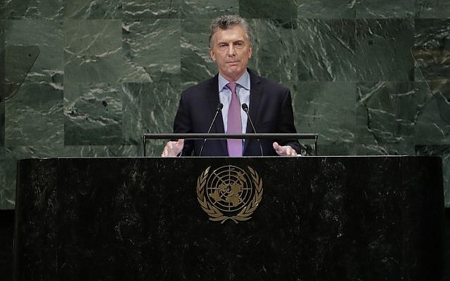 Le président argentin Mauricio Macri s'adresse à la 73e session de l'Assemblée générale des Nations Unies le mardi 25 septembre 2018, au siège des Nations Unies. (AP Photo/Frank Franklin II) Le président argentin Mauricio Macri s'adresse à la 73e session de l'Assemblée générale des Nations Unies le mardi 25 septembre 2018, au siège des Nations Unies. (AP Photo/Frank Franklin II)