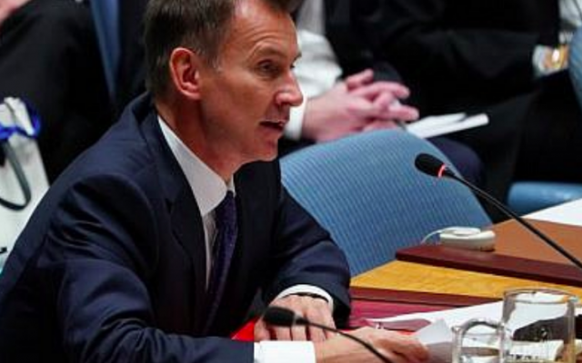 Jeremy Hunt, le chef de la diplomatie britannique, à New York, le 27 septembre 2018 (Crédit : AFP)
