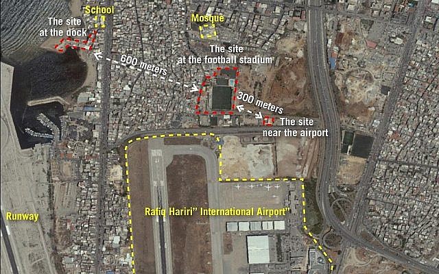 Une image satellite diffusée par l'armée israélienne montrant trois sites près de l'aéroport international de Beyrouth qui, selon l'armée, sont utilisés par le Hezbollah pour convertir des missiles conventionnels en missiles à guidage de précision, le 27 septembre 2018. (Crédit : Armée israélienne) Une image satellite diffusée par l'armée israélienne montrant trois sites près de l'aéroport international de Beyrouth qui, selon l'armée, sont utilisés par le Hezbollah pour convertir des missiles conventionnels en missiles à guidage de précision, le 27 septembre 2018. (Crédit : Armée israélienne)