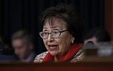 La sénatrice démocrate de New York Nita Lowey durant une commission de la chambre sur le budget au Capitole, à Washington, le 6 mars 2018 (Crédit : Carolyn Kaster/AP)