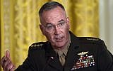 Le général Joseph Dunford, général de l'United States Marine Corps.et chef d'État-Major des armées des États-Unis. durant une réunion du National Space Council à Washington, le 18 juin 2018. (Crédit : AP/Susan Walsh)