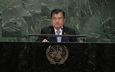 Le vice-président indonésien Jusuf Kalla  lors de la 73ème session de l'Assemblée générale des Nations unies, le 27 septembre 2018, au siège des Nations unies (Crédit : AP Photo/Frank Franklin II)