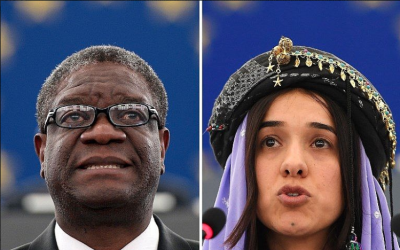 Le gynécologue congolais Denis Mukwege et Nadia Murad, militante de la communauté yazidi en Irak et rescapée de l'esclavage sexuel des djihadistes de l'État islamique , Prix Nobel de la paix 2018 (AFP PHOTO)