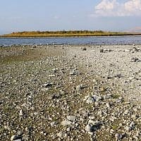 Photo prise le 8 octobre depuis le kibboutz Ein Guev. on voit une île dans le lac de Tibériade, qui est apparue à cause d'une baisse de niveau de l'eau, attribuée à une surexploitation des ressources. (Crédit : JACK GUEZ / AFP)