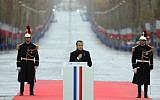 Le président français Emmanuel Macron prononce un discours  à l'occasion des cérémonies du centenaire de la Première guerre mondiale., le 11 novembre 2018. (Crédit : Ludovic MARIN / POOL / AFP)