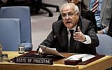 L'ambassadeur palestinien auprès des Nations Unies Riyad Mansour s'exprime lors d'une réunion du Conseil de sécurité des Nations Unies sur la violence à la frontière entre Israël et la bande de Gaza, au siège des Nations Unies, le 15 mai 2018 à New York. (Drew Angererer/Getty Images/AFP)