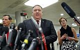 Le secrétaire d'Etat Mike Pompeo s'adresse aux médias après une réunion à huis-clos sur l'Arabie saoudite, au Capitole, à Washington DC, le 28 novembre 2018. (Crédit : AP /Pablo Martinez Monsivais)