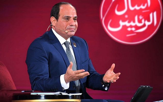 Le président égyptien Abdel Fattah al-Sissi, durant une conférence de presse au Caire, le 29 juillet 2018. (Crédit : MENA via AP) Le président égyptien Abdel Fattah al-Sissi, durant une conférence de presse au Caire, le 29 juillet 2018. (Crédit : MENA via AP)