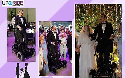 Adir Simantov, un soldat israélien victime d'un accident de voiture qui l'a laissé paralysé,épouse Liat. C'est grâce à un dispositificonçu par UPnRIDE qu'il se tient debout le jour de son mariage. (Crédit : UPnRIDE)