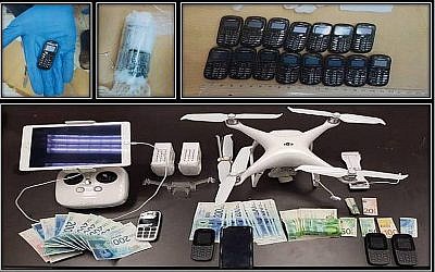 Une photo diffusée par l'agence de sécurité du Shin Bet, lmontre des téléphones, un drone et de l'argent qui seraient liés à une tentative avortée de trafic de téléphones dans une prison sécuritaire, le 6 décembre 2018 (Crédit : Shin Bet)