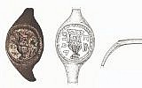 Vue de latérale et transversale du sceau qui pourrait avoirappartenu à Ponce Pilate. (Crédits : dessin : j Rodman/Photos C. Amit, IAA Photographic Department, via Hebrew University)