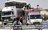 Des camions chargés de marchandises sont contrôlés au point de passage de Morek, entre les zones du régime à Hama et celles contrôlées par les jihadistes et rebelles dans la province d'Idleb. (Crédit : capture d'écran YouTube/AFP TV)