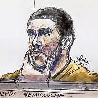 Photo d'illustration : Un dessin du tribunal réalisé le 10 janvier 2019  montre Mehdi Nemmouche, accusé d'un attentat terroriste au musée juif de Bruxelles en 2014, pendant son procès au palais de justice de Bruxelles (Crédit :  (Benoit Peyrucq/AFP)