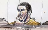 Croquis de Mehdi Nemmouche, jugé à Bruxelles pour la tuerie du Musée juif de Bruxelles, le 10 janvier 2019. (Crédit : Benoit Peyrucq/AFP)