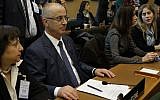 Le Premier ministre de l'Autorité palestinienne, Rami Hamdallah, assiste à une conférence de l'Office de secours et de travaux des Nations Unies pour les réfugiés de Palestine dans le Proche-Orient, UNRWA, à Rome, le jeudi 15 mars 2018. (AP Photo/Andrew Medichini)