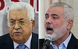 Le président de l'Autorité palestinienne Mahmoud Abbas (à gauche) et le dirigeant du Hamas Ismail Haniyeh (Crédit : Flash90, SAID KHATIB/AFP)