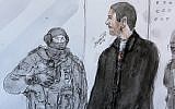 Croquis de Mehdi Nemmouche aux côtés d'un policier, à la Cour d'Appel de Versailles, le 12 juin 2014. (Crédit : AP Photo/Benoit P., File)